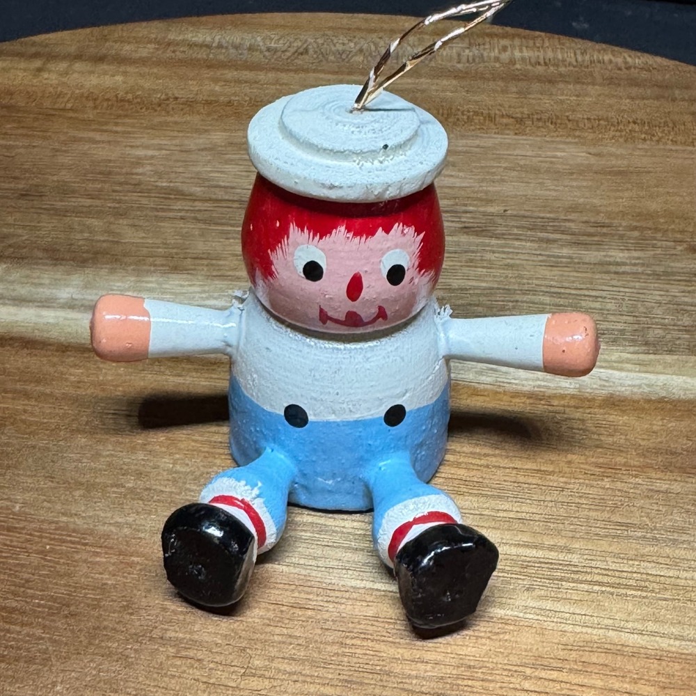 Vtg Hand Painted Wooden Raggedy Andy Sailor Christmas Ornament Red White Blue